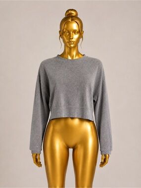 Zara Gray Ribbed Cropped Knit Sweater Long Sleeve Crew Neck Size Small